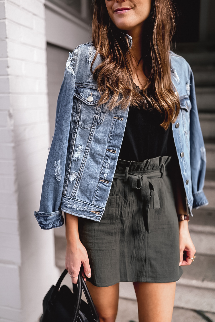 Olive mini skirt outfit online